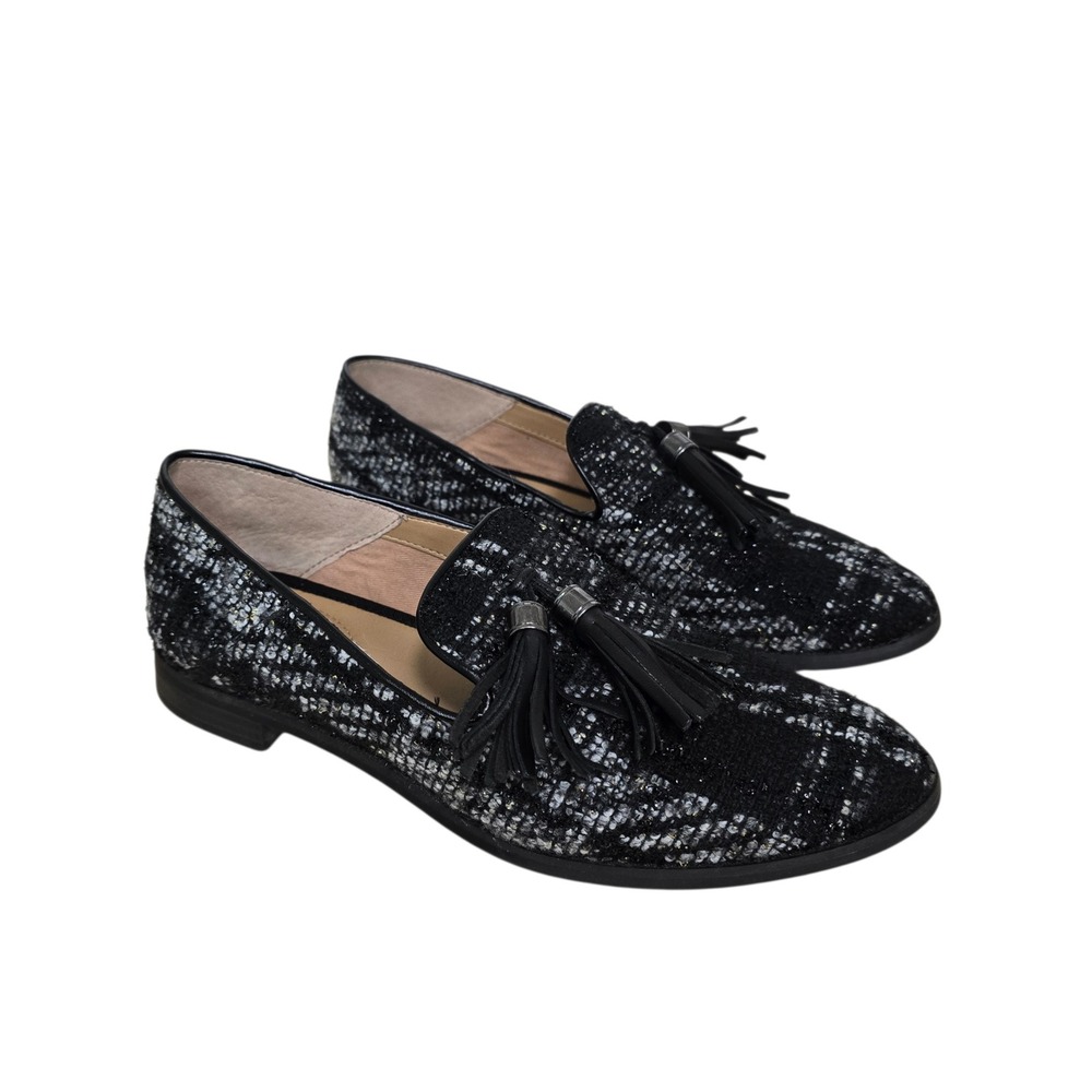 Franco Sarto Hadden Womens 8M Black White‎ Tweed Tassel Loafers Flats L-HADDEN2